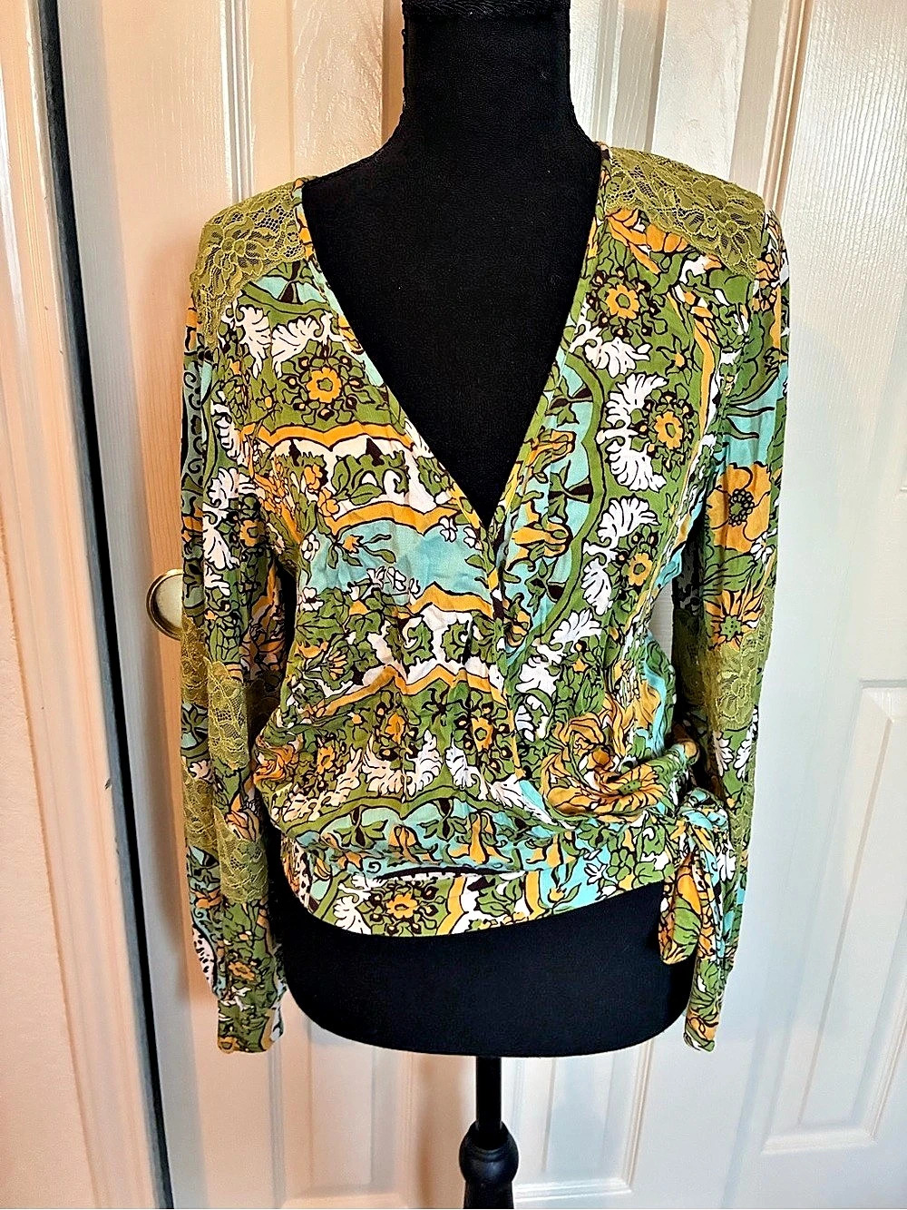 TINY Tatiana Rayon Wrap Top Floral Blouse in Green & Blue Medium